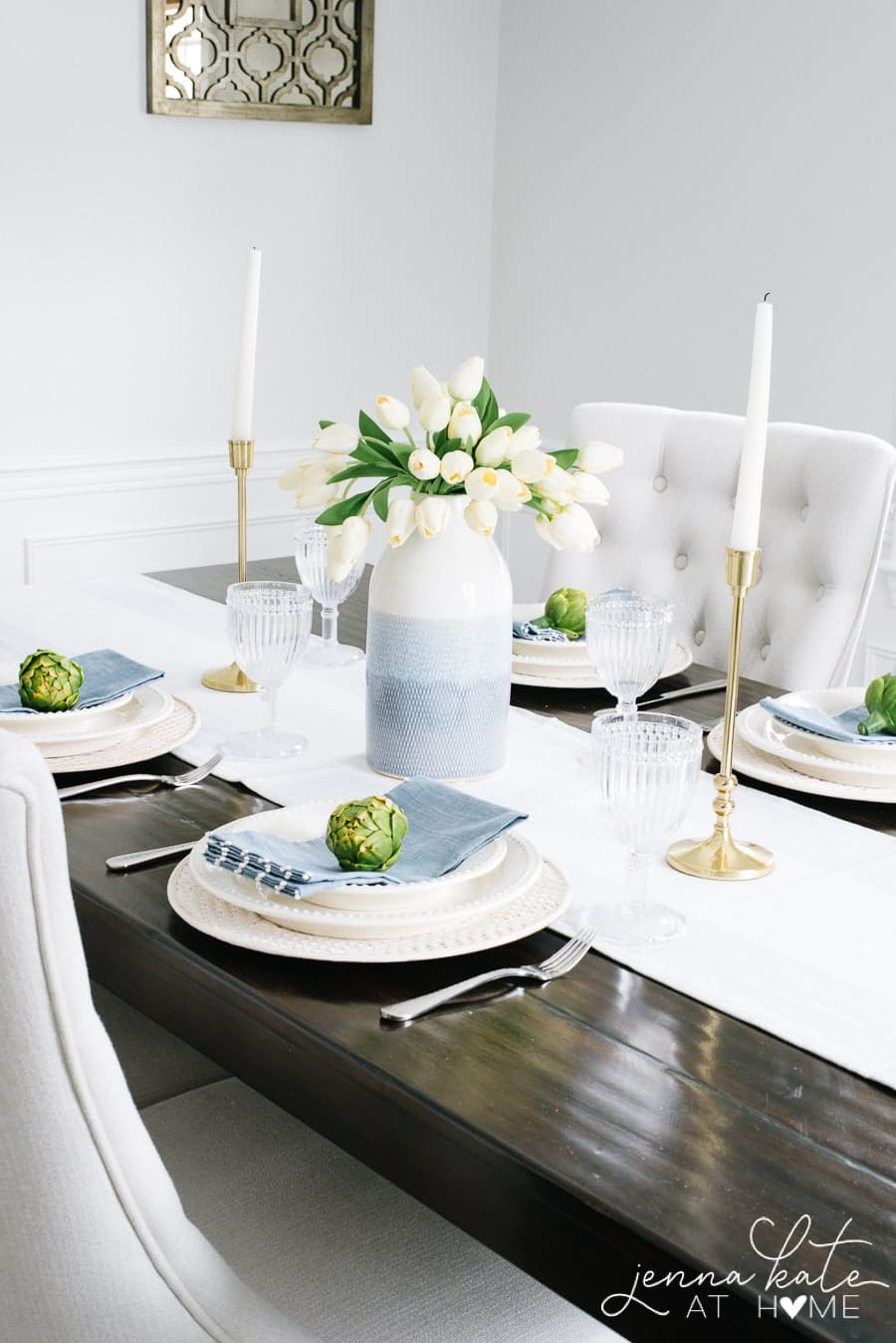 Spring table setting with blue vase and tulips