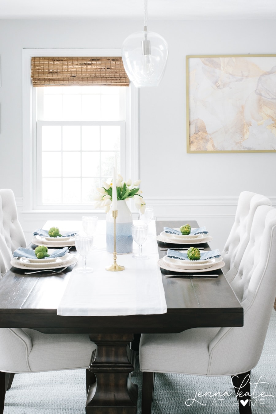 Spring table setting color palette of white, pastel blue and bright green