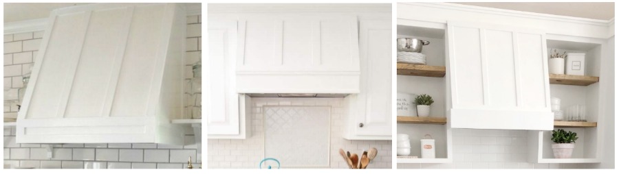 Inspiration photos of DIY hood vents - all three are white and have three vertical panels