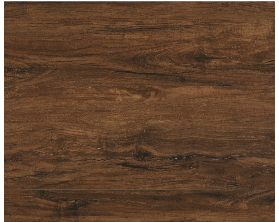 A close-up of the dark wood grain patterns in the vinyl plank flooring