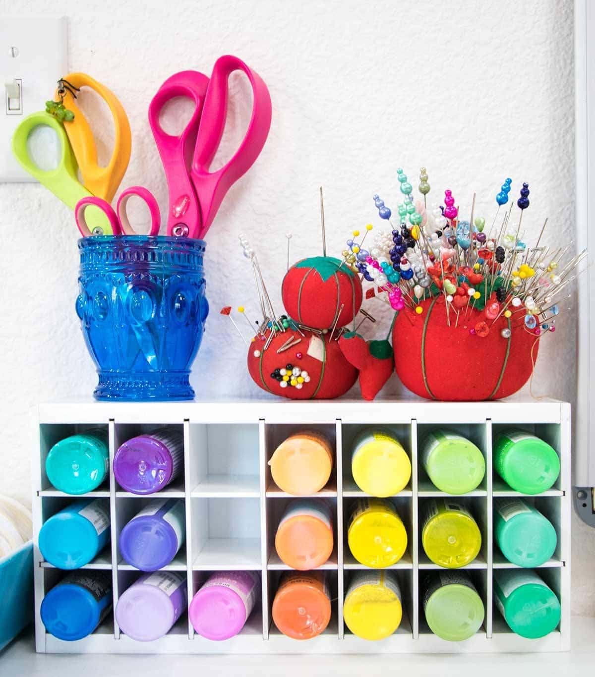 Think of your craft supplies as decor and storage How to Set Up a Small Space via Smart Fun DIY Jenna Kate at Home