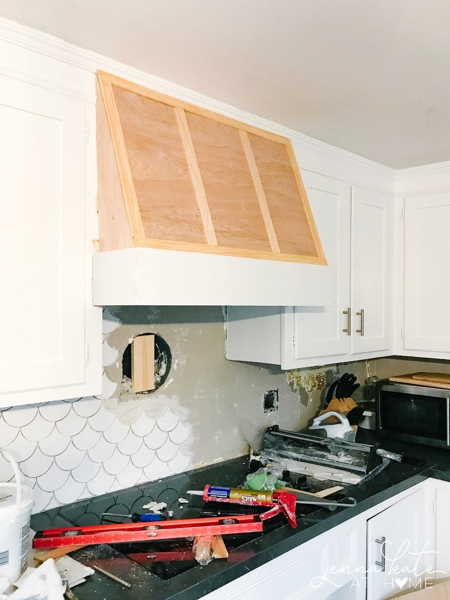 Completed trim on the DIY range hood cover. Getting ready to prime and paint.