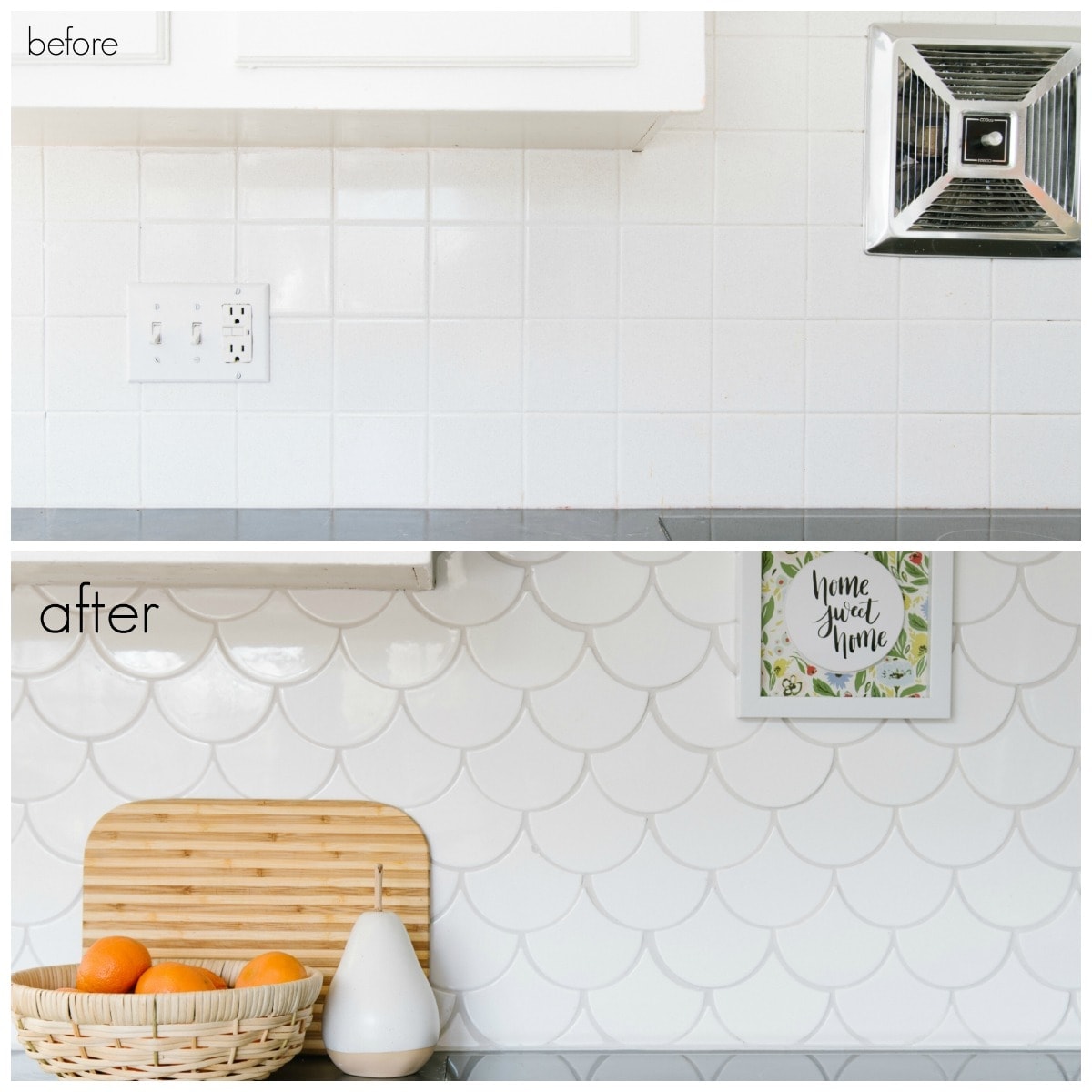 backsplash tile comparison of before and after