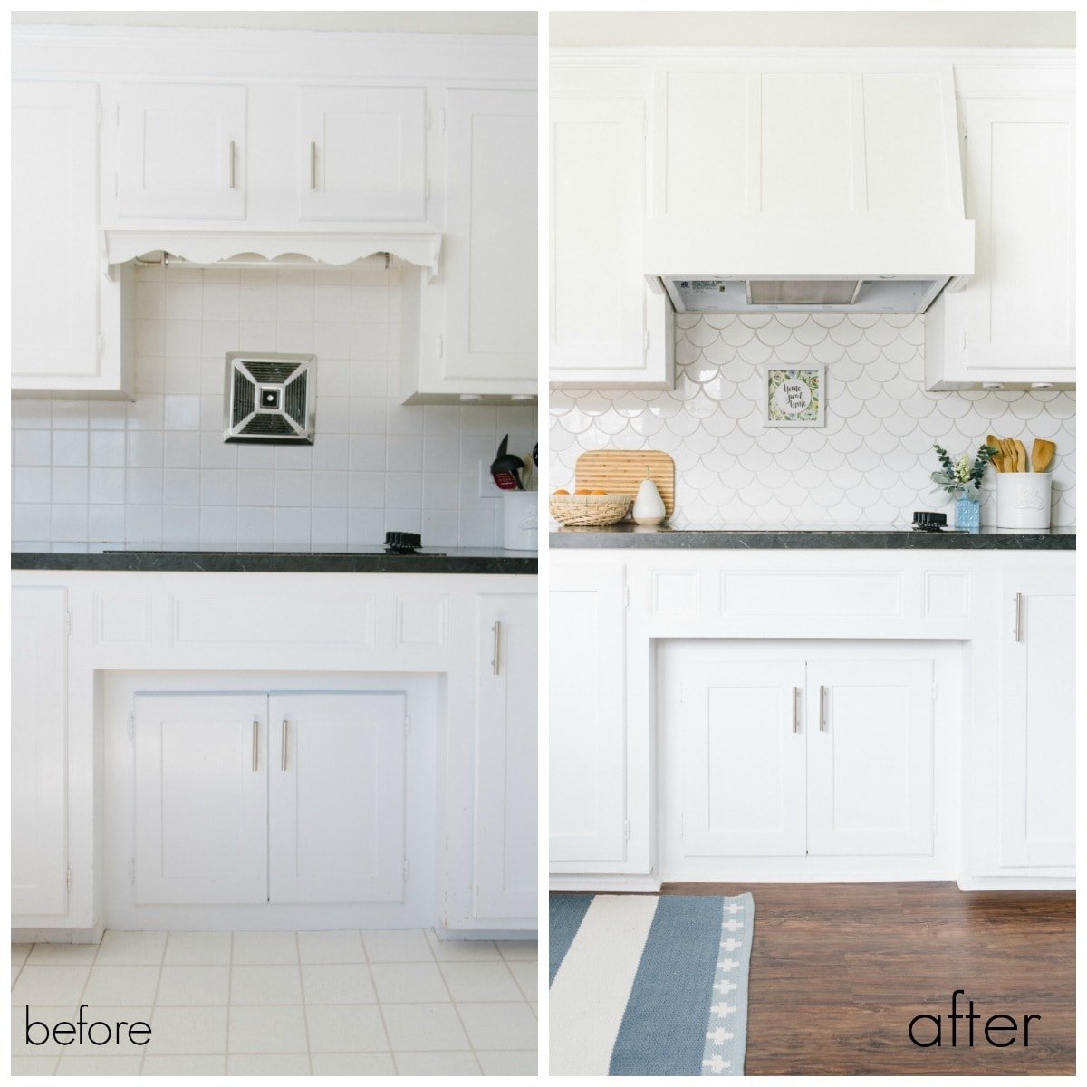 before and after of old range hood and new DIY hood