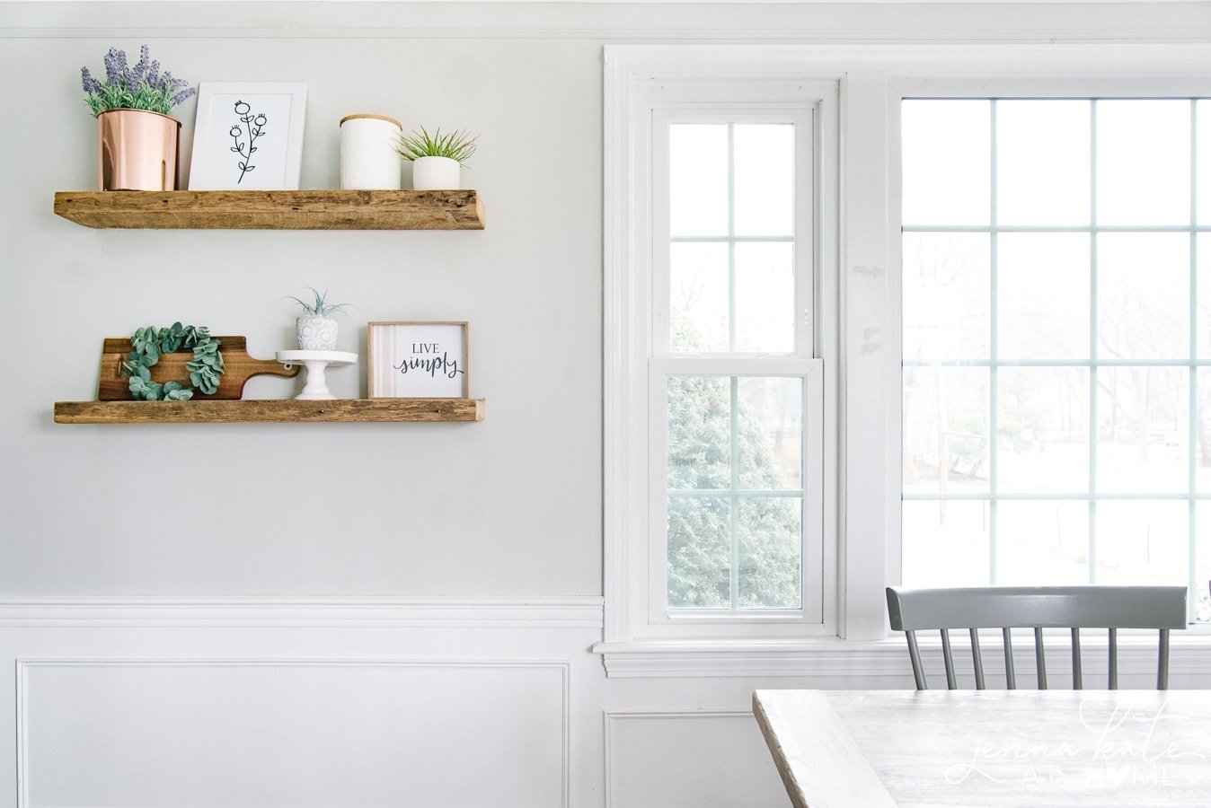 kitchen wall painted repose gray with rustic floating shelves