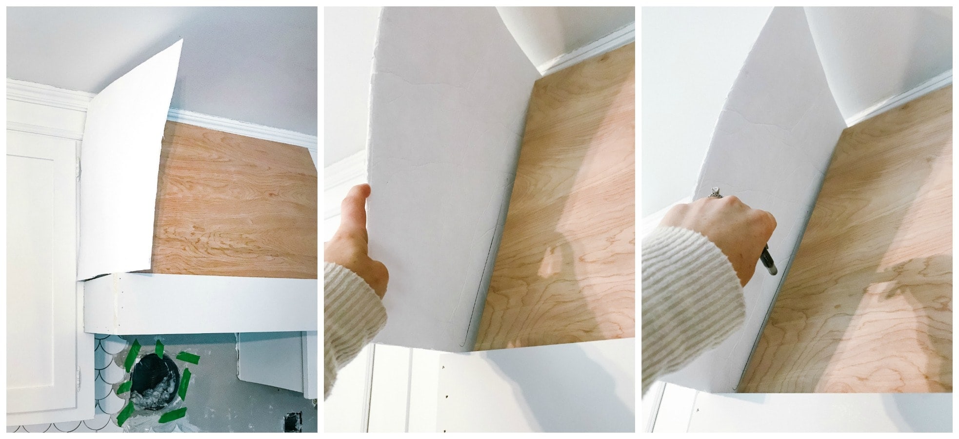 A person holding pre-cut pieces of foam board against the side of the hood cover slope to calculate and mark how the sides should be cut out of wood.