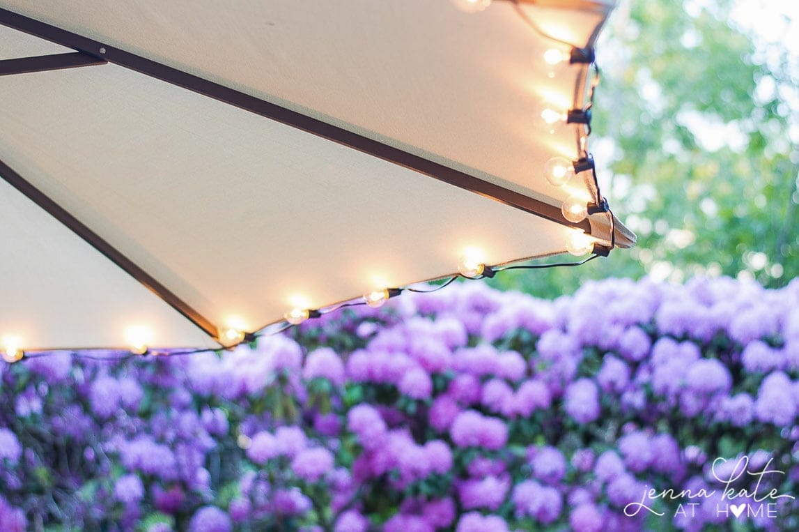 String lights on an outdoor umbrella 