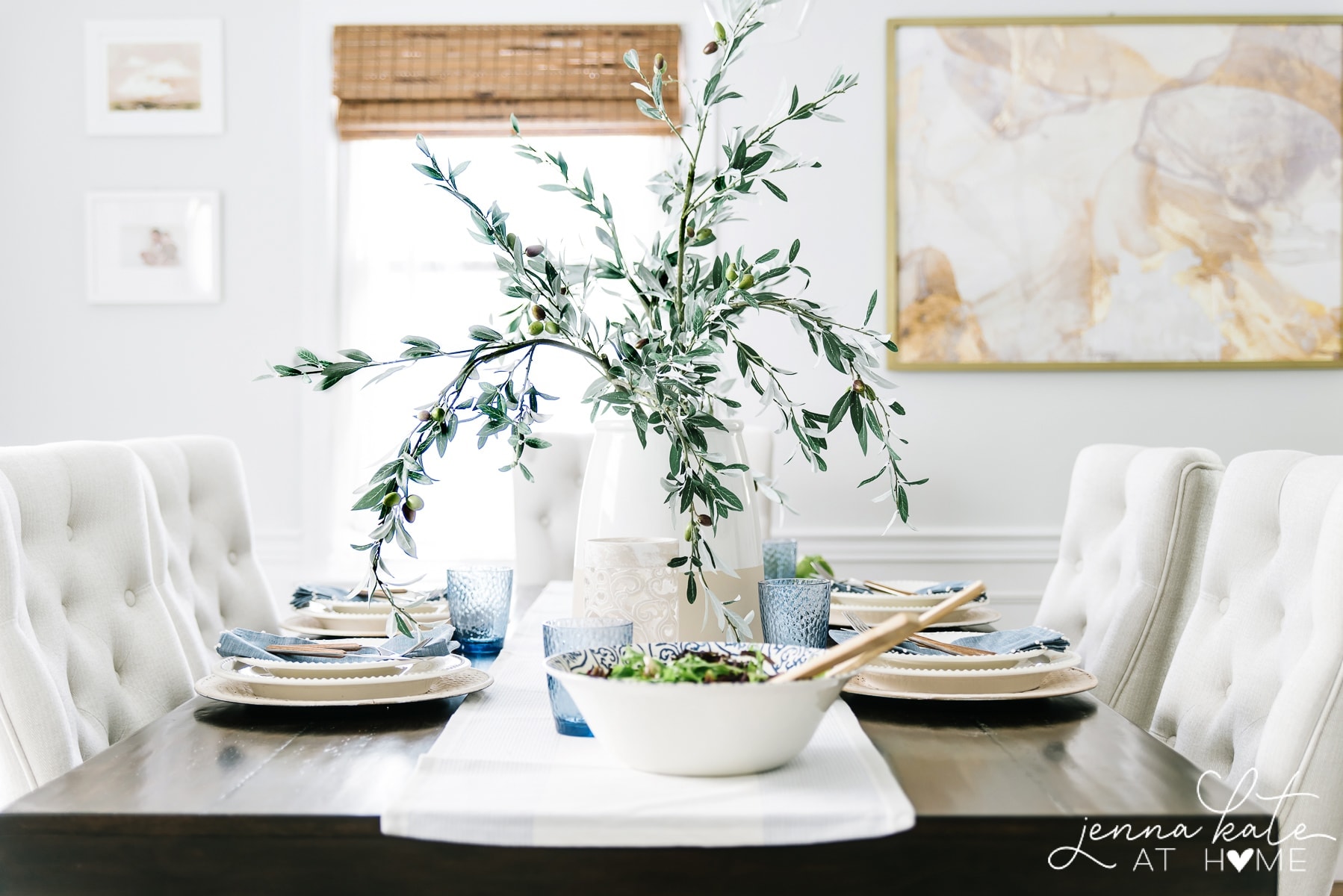 summer table setting with white and blue 