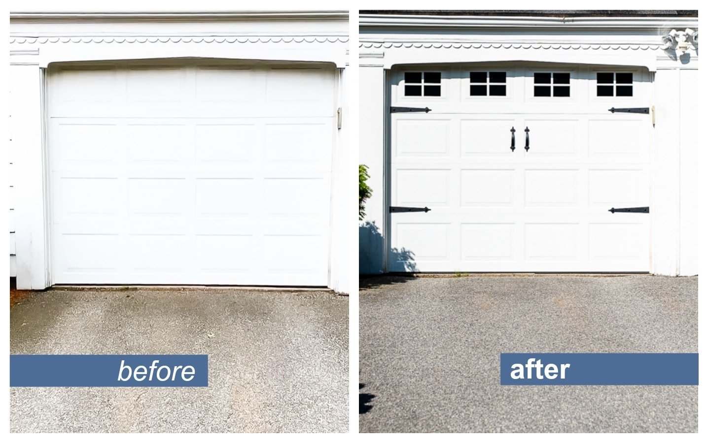 Garage door before (plain) and after (with decorative decals)