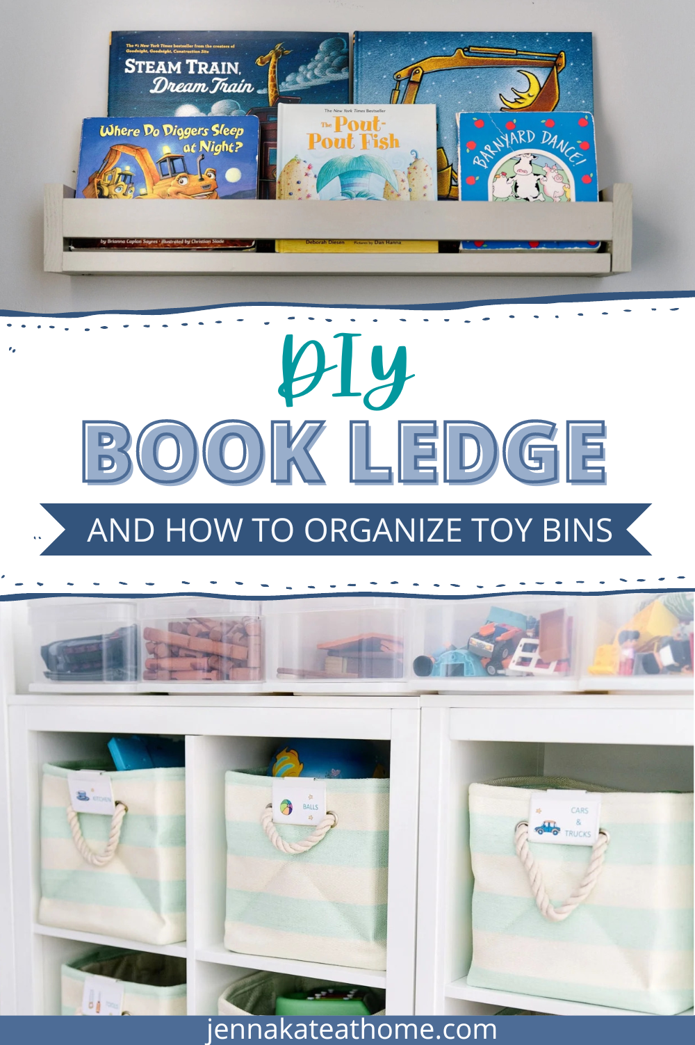 DIY book ledge and how to organize toys