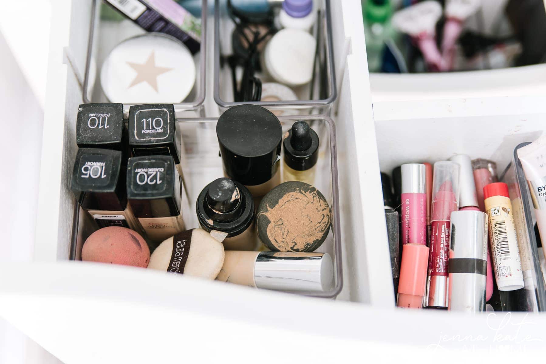 Organize bathroom drawers full of makeup and toiletries