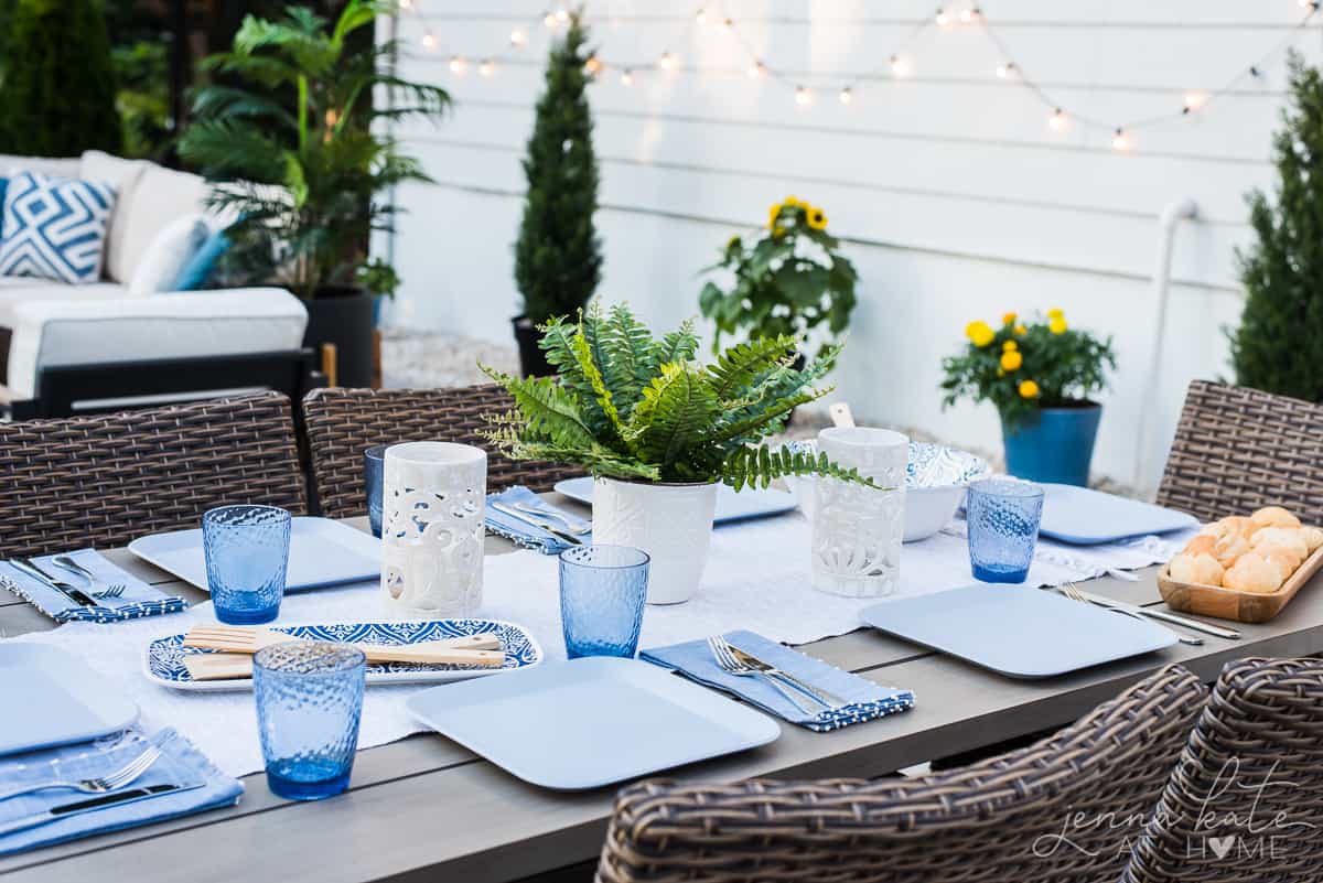 We love enjoying dinners outside on our new patio, with colorful coastal table settings