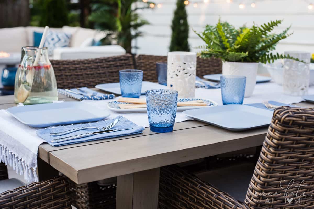 This colorful blue glassware looks great with our coastal themed patio table