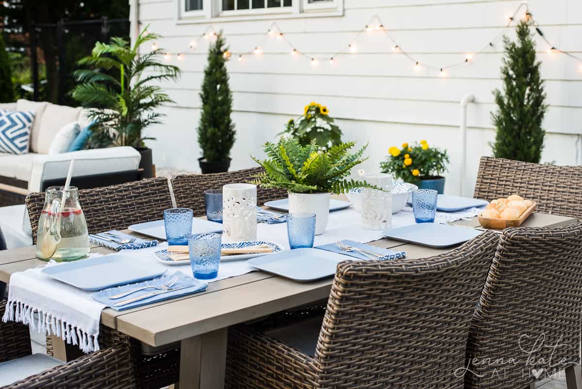 outdoor dining table set up for dinner.