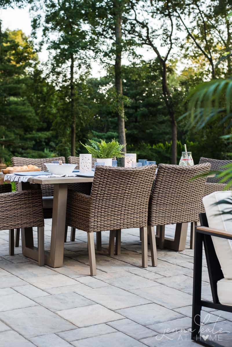 Sunset through the trees makes this backyard patio an ideal space to enjoy outdoor dinners