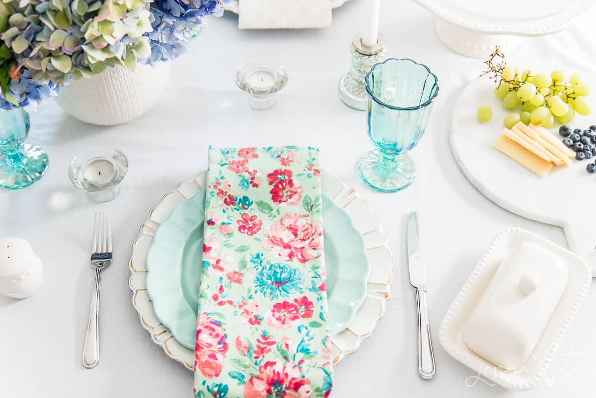 I love this affordable French country chic dishware! The floral napkins match perfectly with the seafoam green dishware