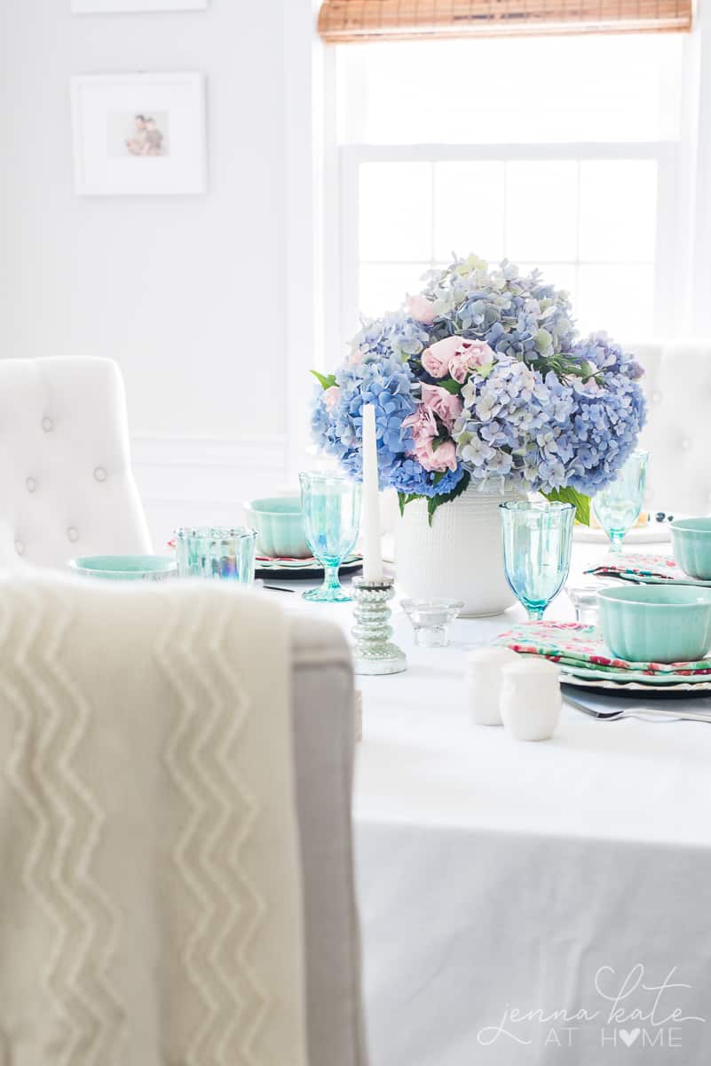 This Spring tablescape is inspired by French country chic style with pastel blues, greens, and pinks