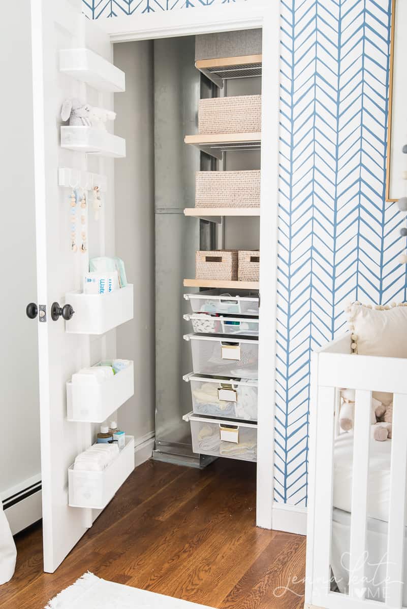 Closer door storage and stacked sliding door storage added much needed space to out cluttered nursery closet