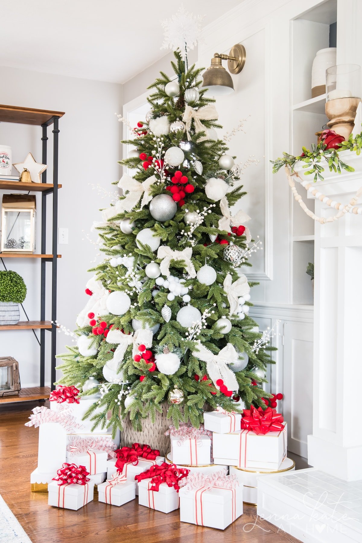 Artificial Christmas tree with red and white decorations