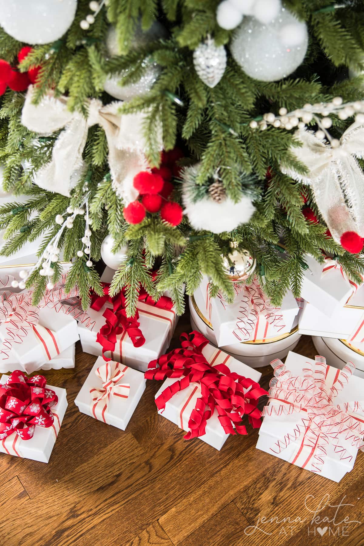 Coordinate tree ornaments with gift wrapping 