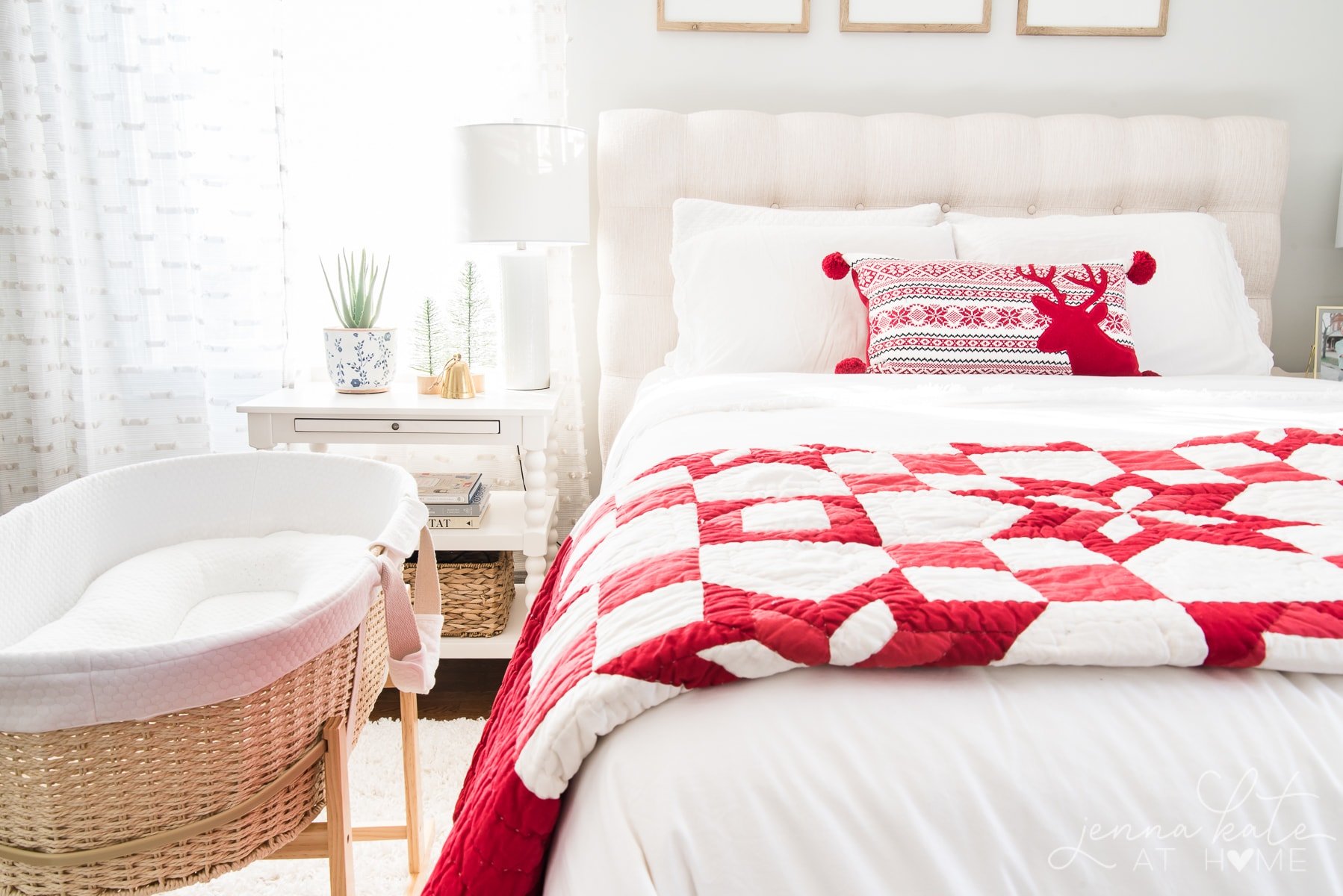 master bedroom with red festive Christmas bedding