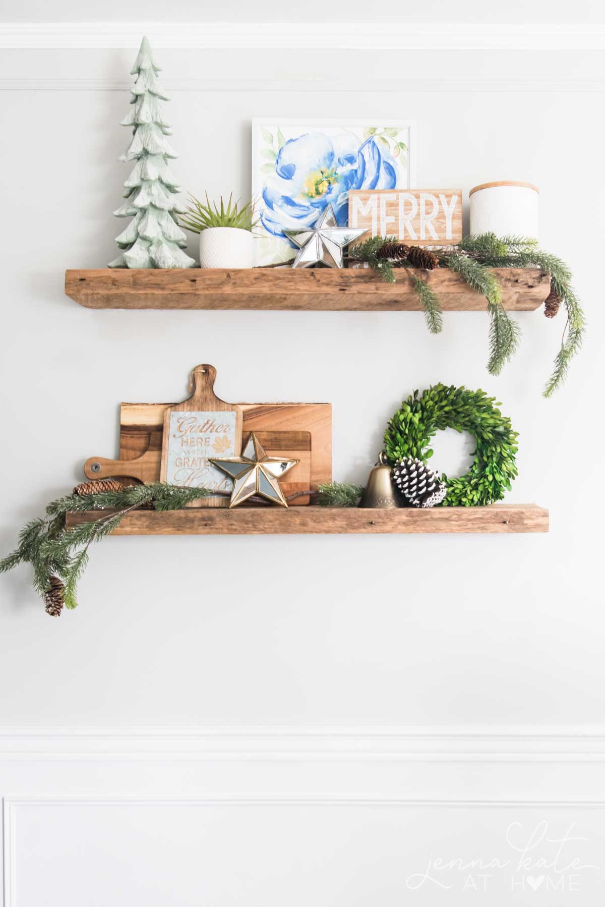 Kitchen shelves decorated for Christmas