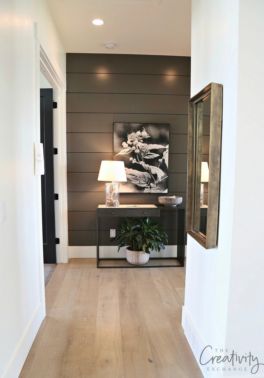 BM Charcoal Gray accent wall in hallway