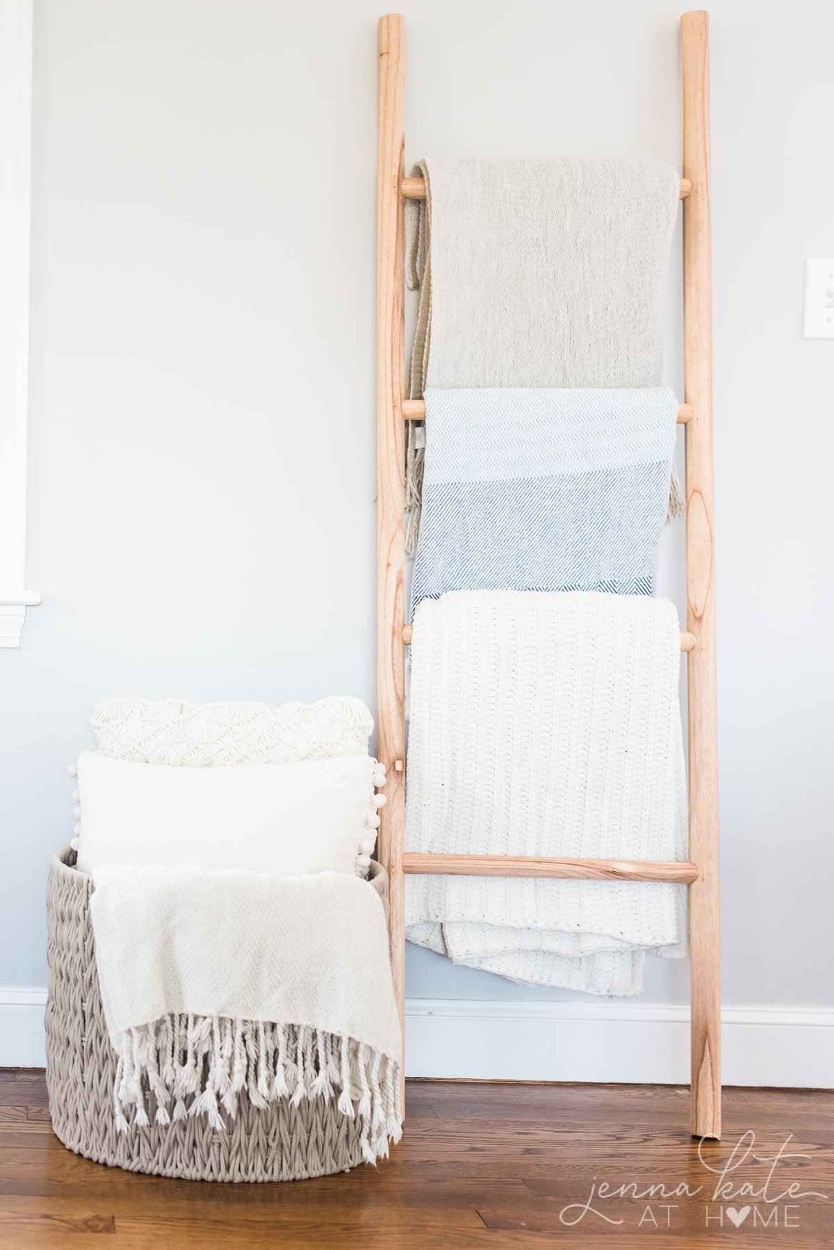 Blanket ladder with gray walls