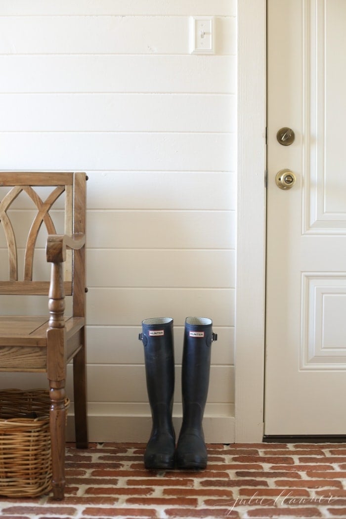 Mudroom painted Navajo White is perfect for a light light space