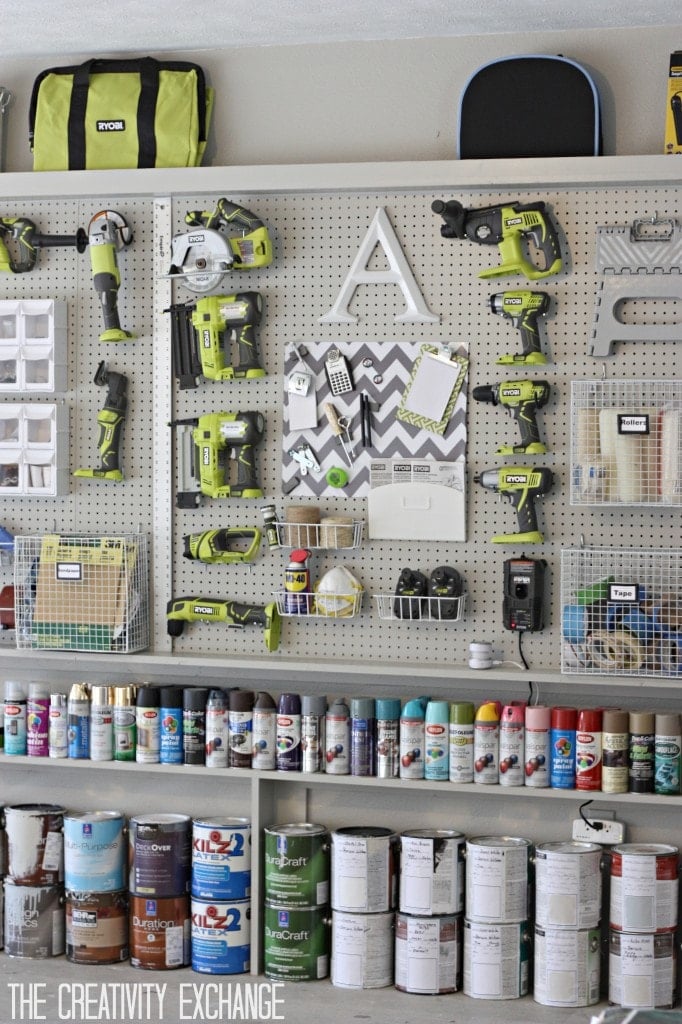 garage pegboard display with tools