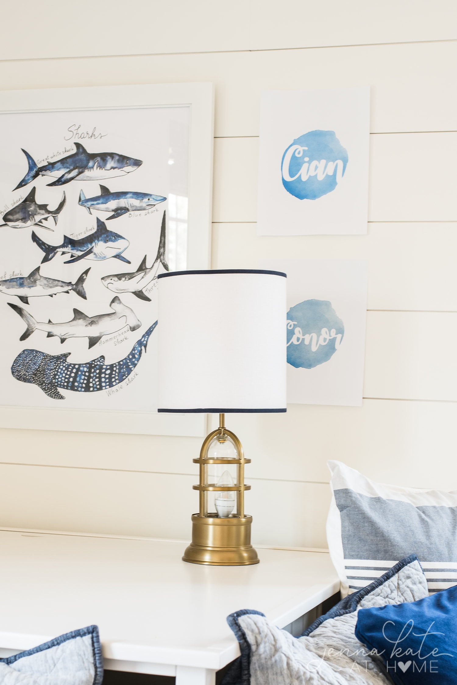 Nautical style bedroom lamp, shark print and DIY name signs