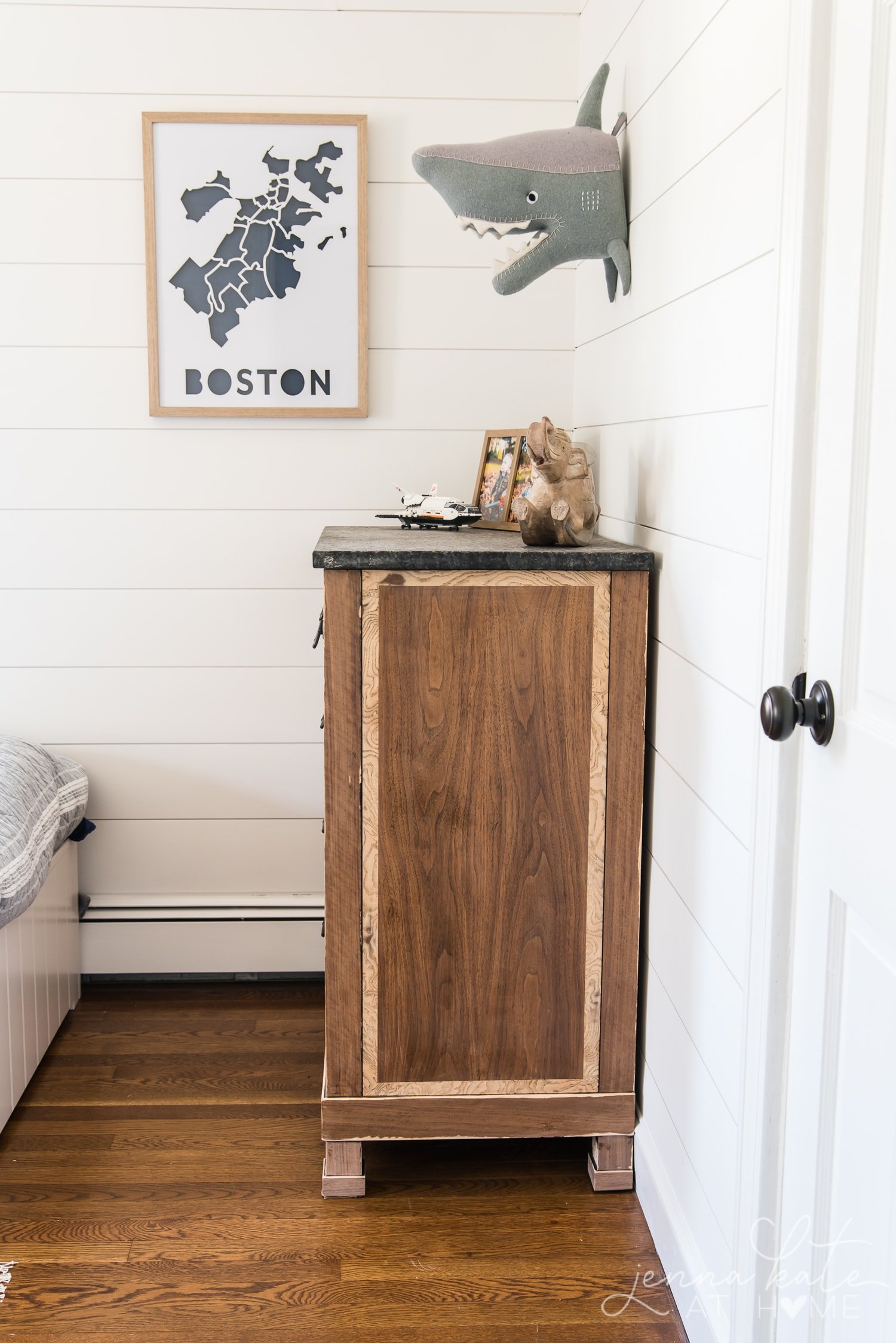 Shark head on shiplap wall makes this boys bedroom look awesome!