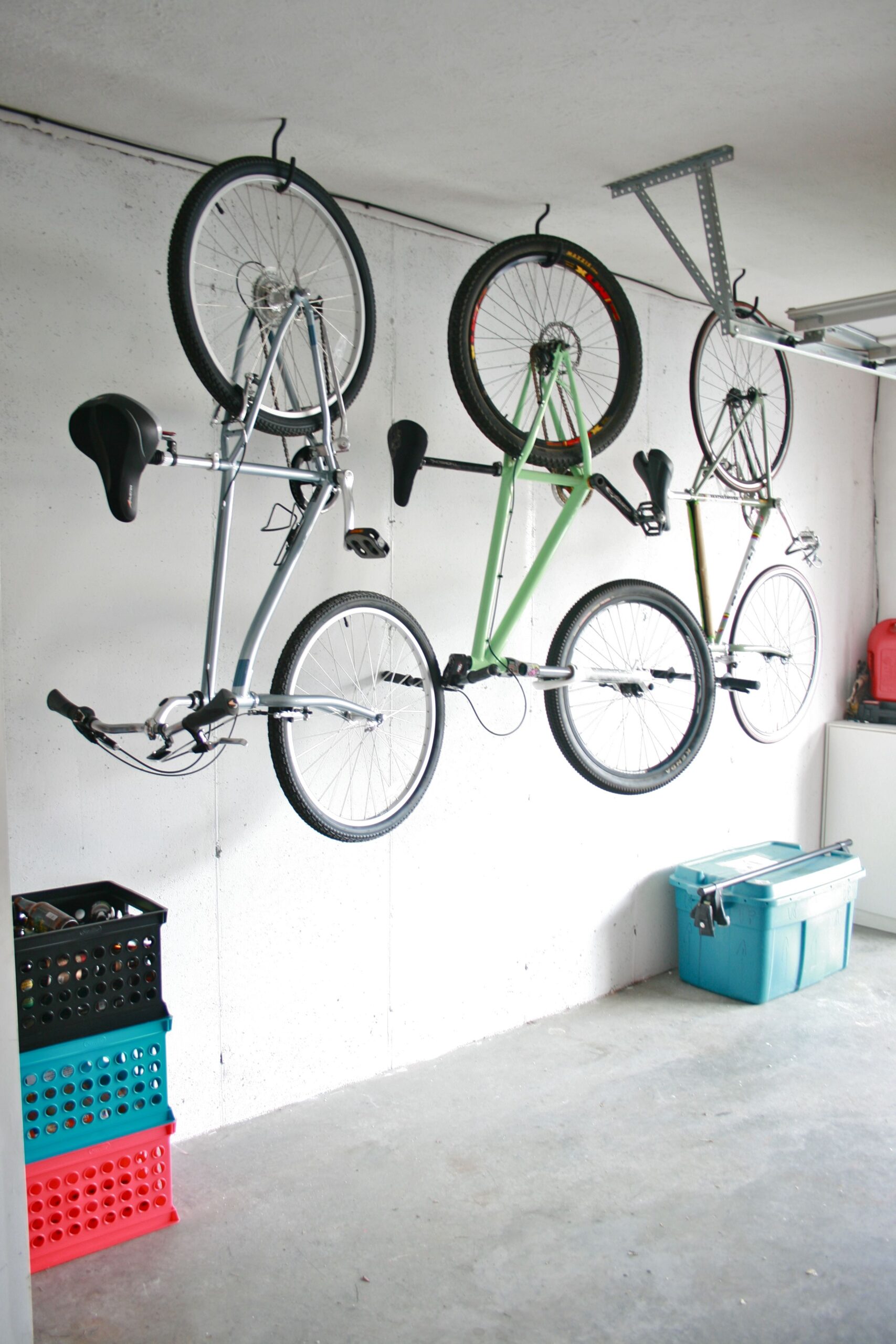 Bikes hanging from ceiling in garage