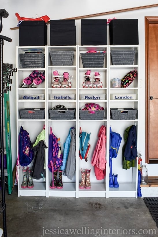 garage mudroom and dropzone for backpacks, shoes and sports equipment 