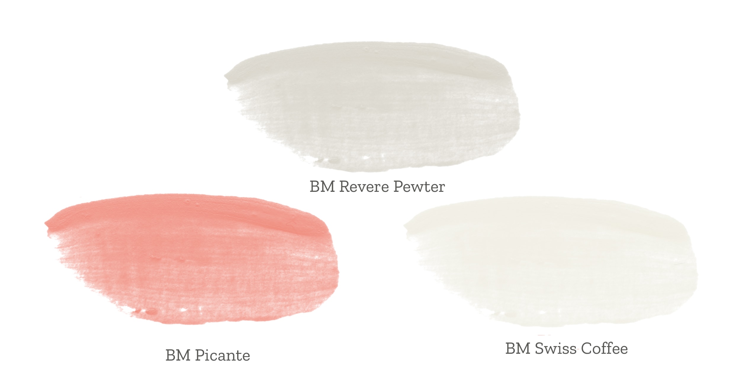 Benjamin Moore paint shades called Revere Pewter, Picante and Swiss Coffee