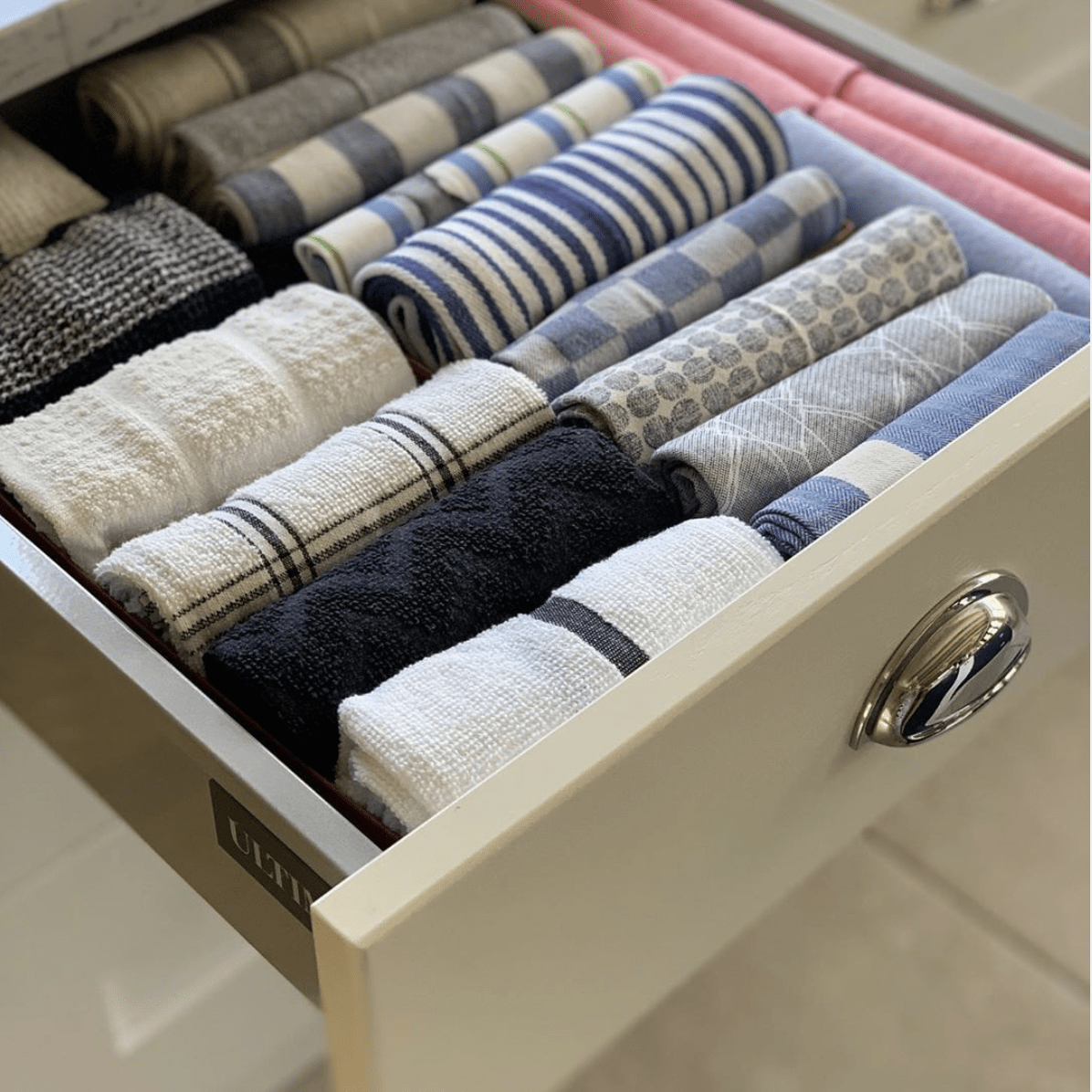 kitchen towels organized with the Konmari folding method