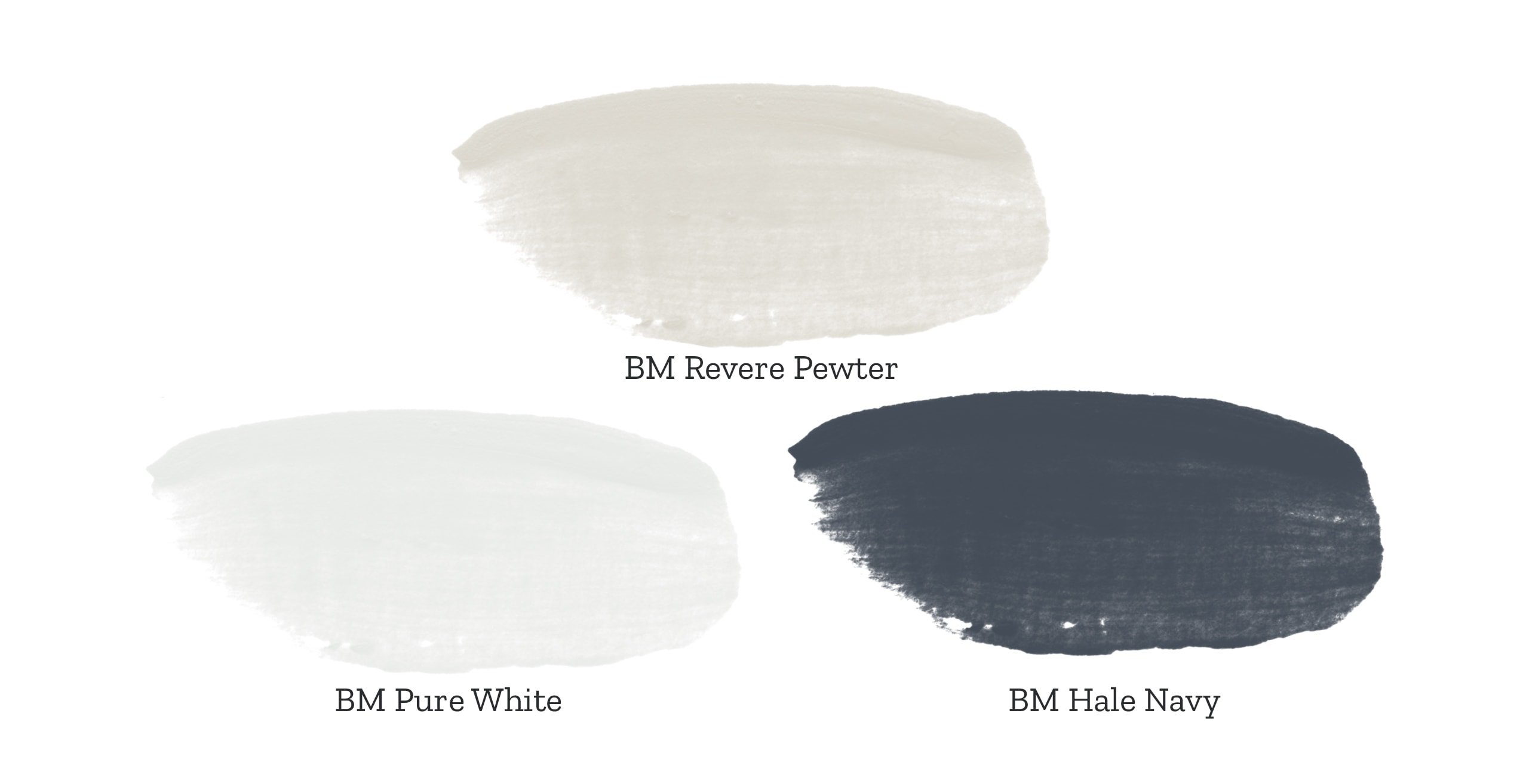Benjamin Moore Paint Shades named Revere Pewter, Pure White and Hale Navy 