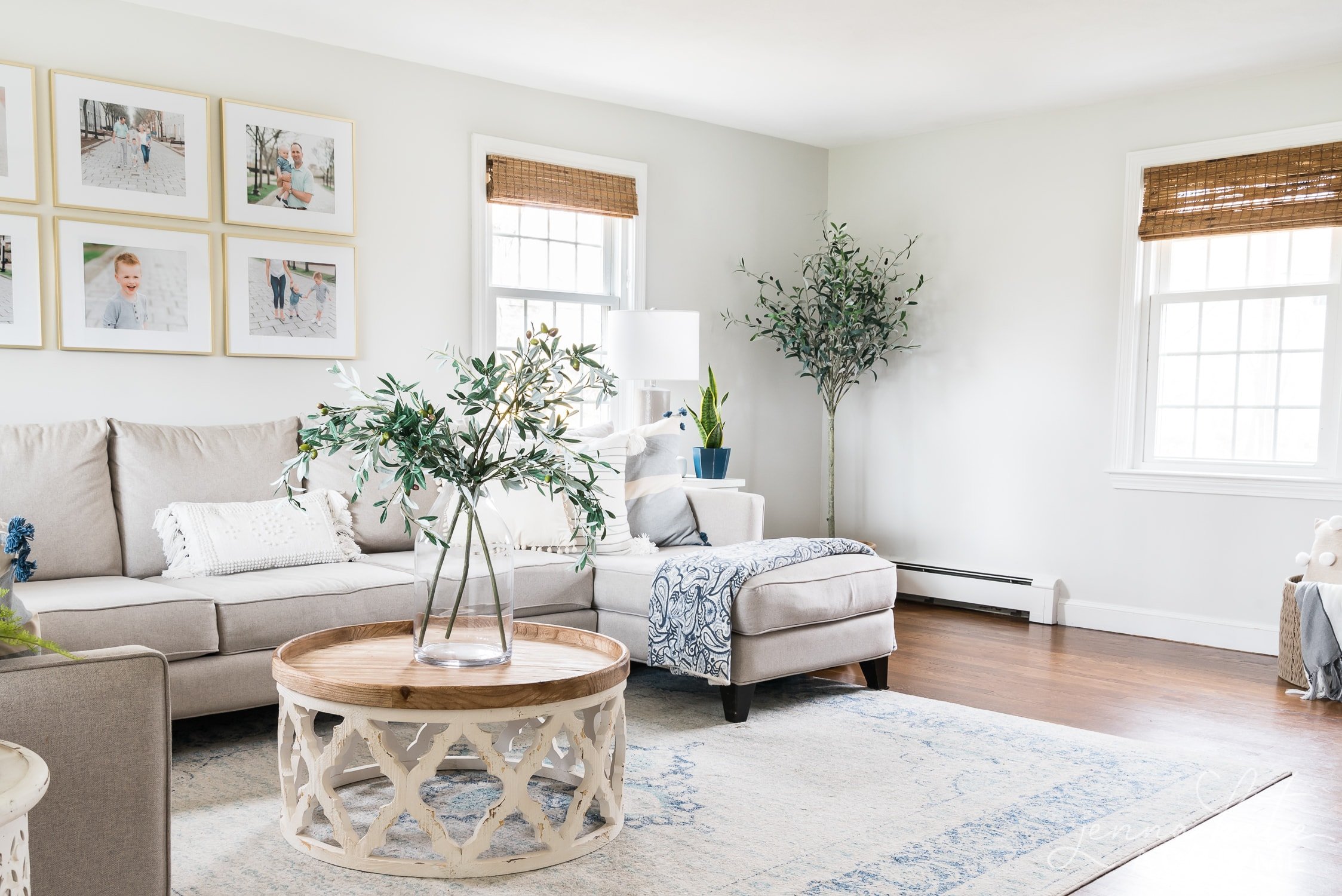 living room walls painted sherwin william repose gray with neutral color couch and round wood coffee table