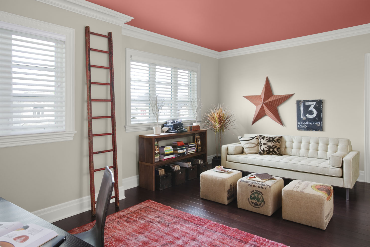 A living room with a coral painted ceiling, grey walls, white sofa, dark brown wood floors and coral decor.
