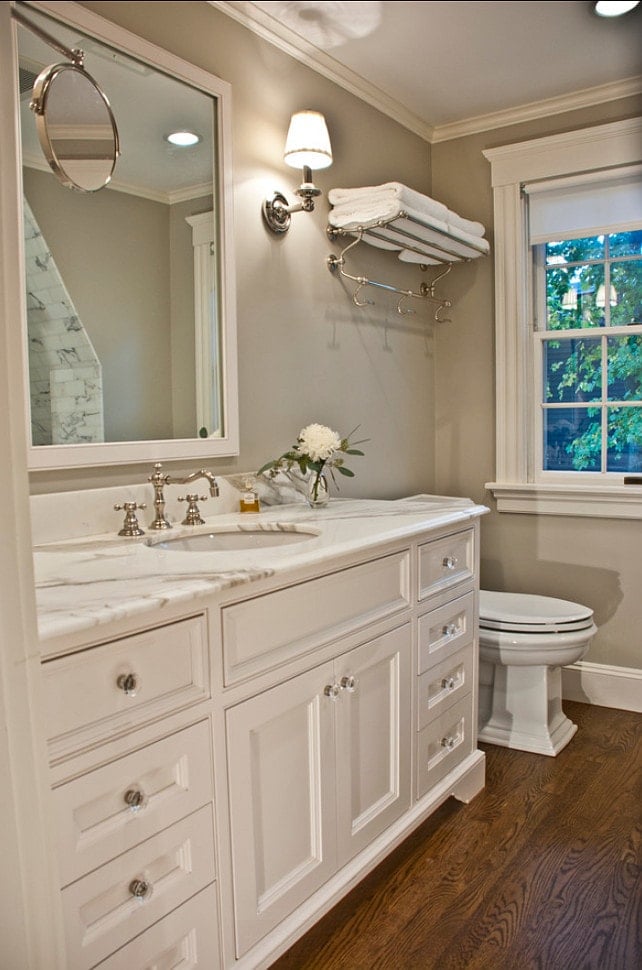 Bathroom with revere pewter and white vanity