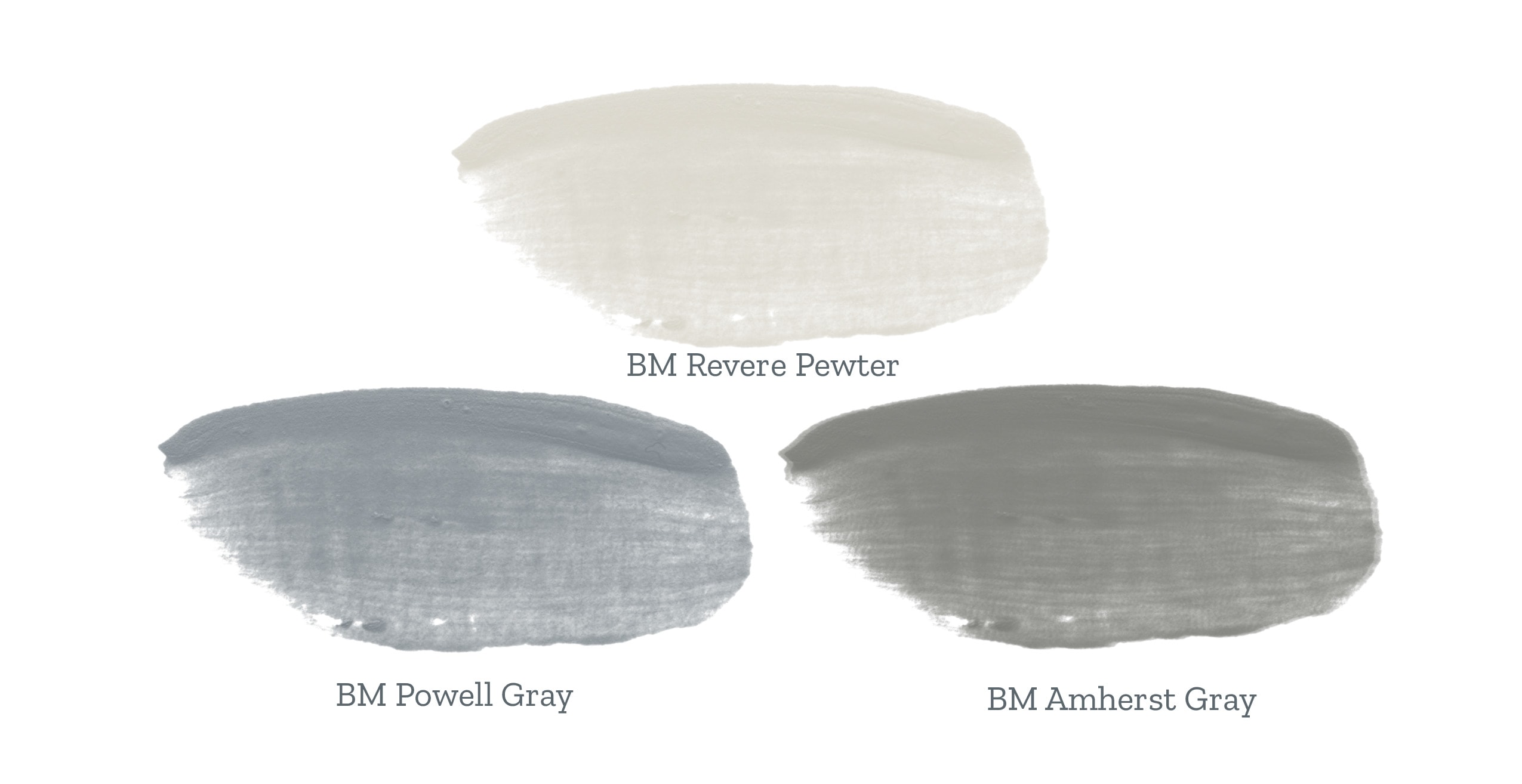 Benjamin Moore paint shades called Revere Pewter, Powell Gray and Amherst Gray