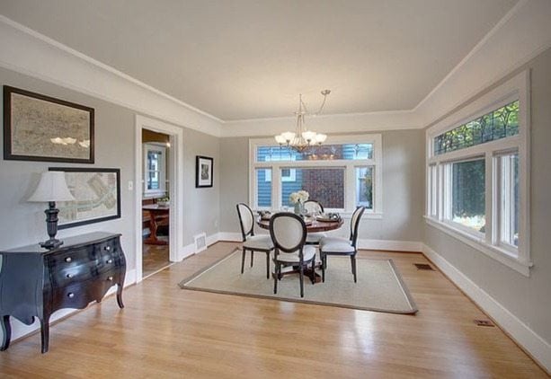 Light and bright dining room with revere pewter walls that look closer to gray 