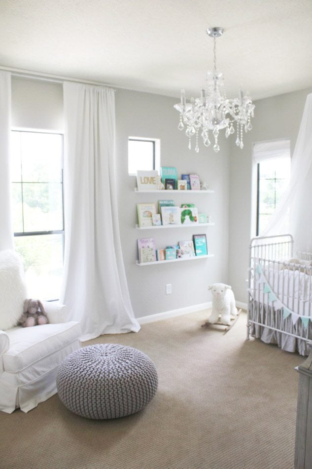 Baby girl nursery with revere pewter walls paired with lots of bright white to keep it looking crisp and bright