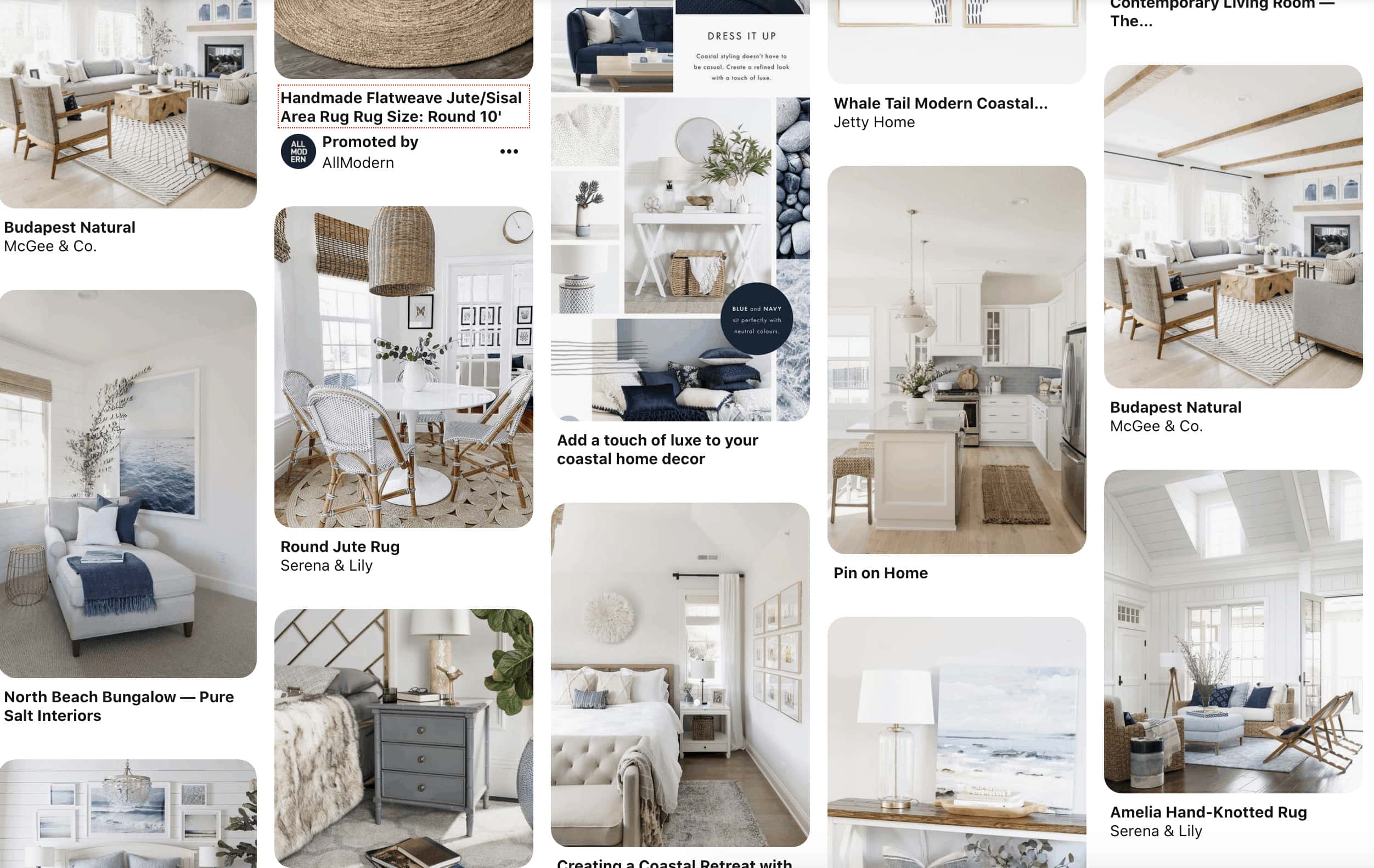 A screenshot of various home decor ideas, featuring homes with neutral decor