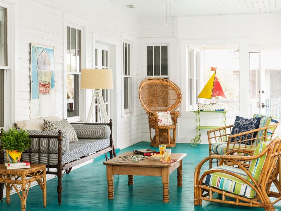 Colorful porch with turquoise painted floors