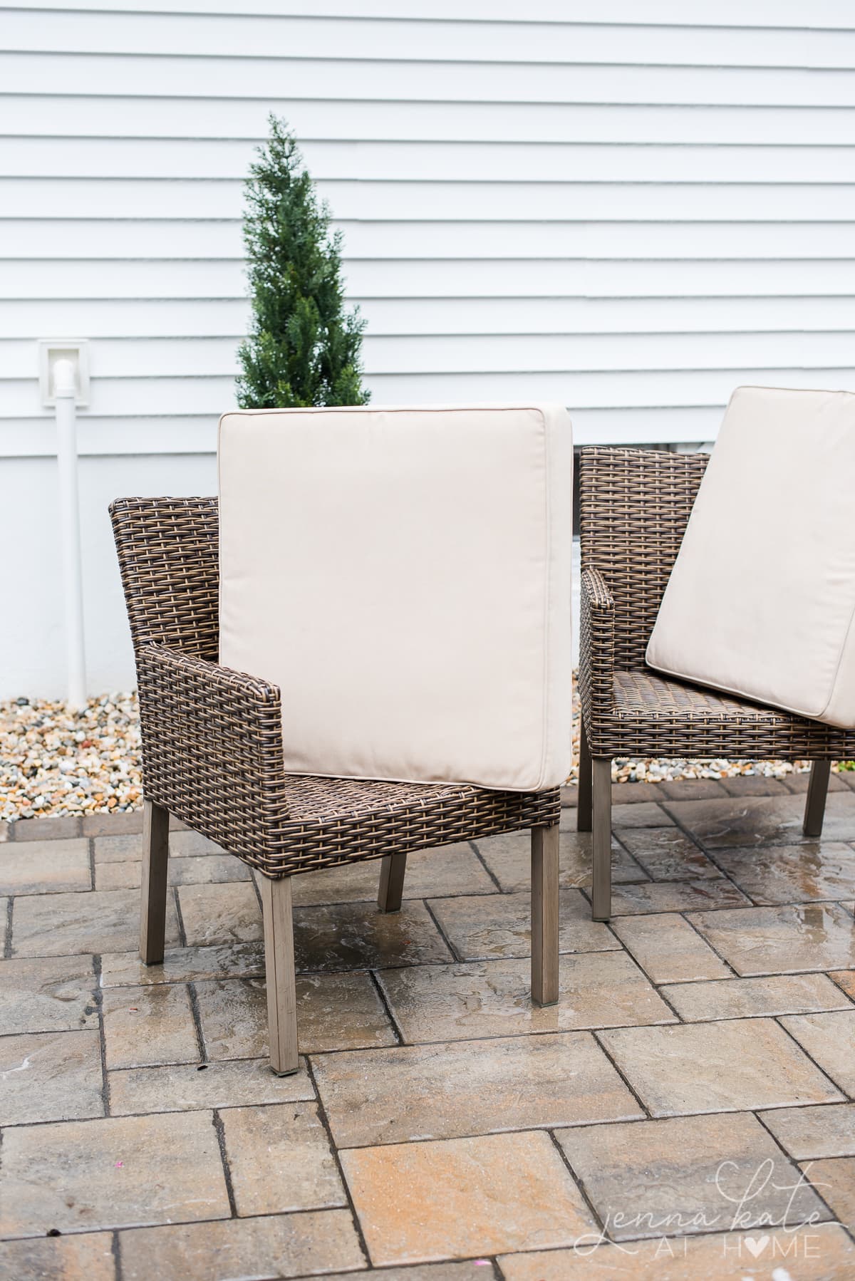 Drying patio cushions by standing them upright on their sides