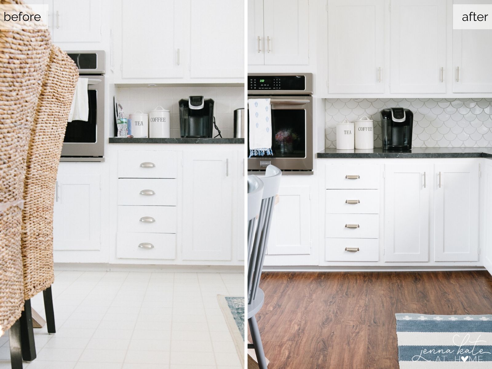 before and after comparison of old floor and new LVP flooring