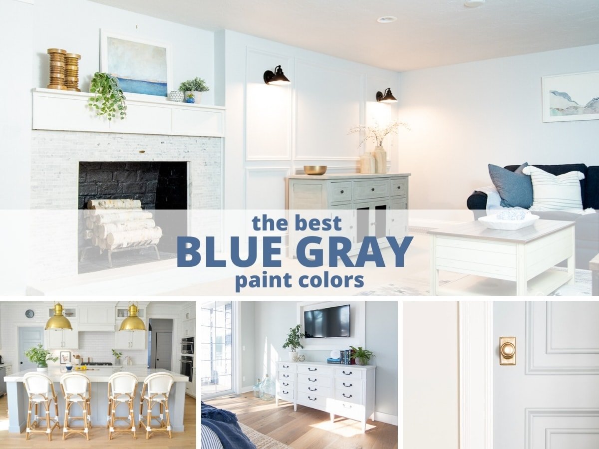 collage of rooms painted in blue gray paint colors