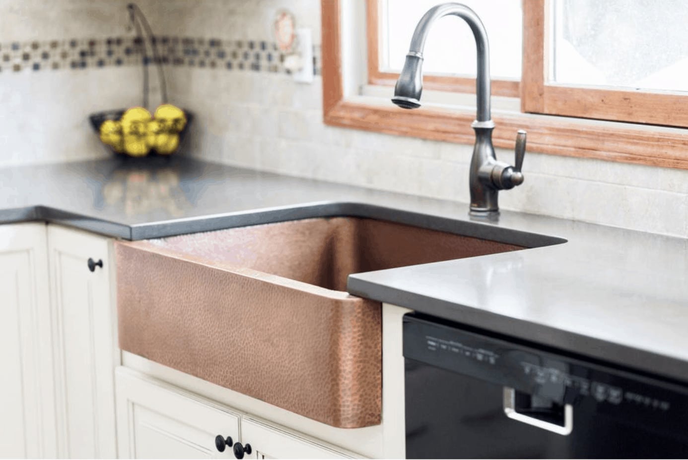 White Kitchen Cabinets with Copper Cup Pulls and Copper Sink