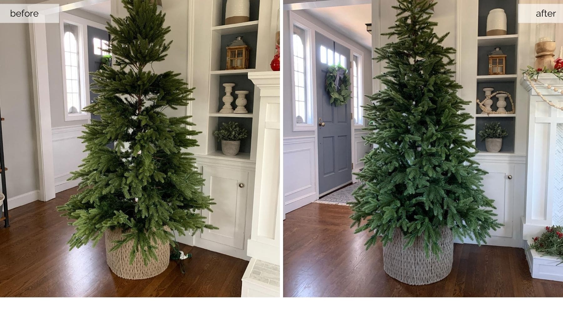 Comparison of fluffed versus unfluffed artificial Christmas tree